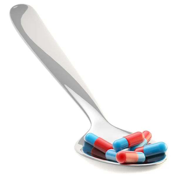 Cuchara metálica con una porción de medicamento aislada — Foto de Stock