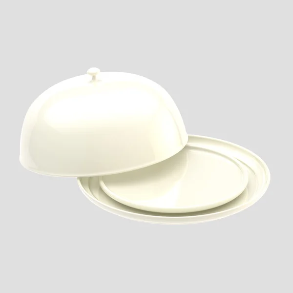 Salver bianco con un piatto e copertura alimentare isolato — Foto Stock