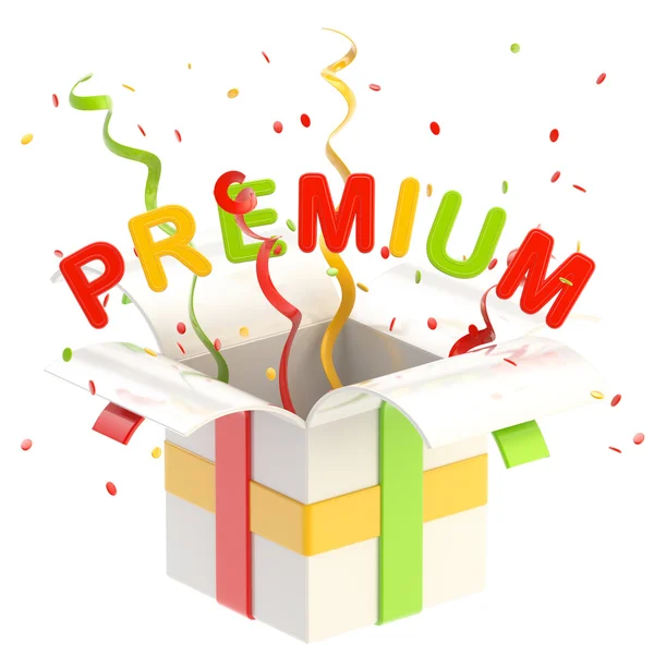 Palavra "premium" dentro de uma caixa de presente — Fotografia de Stock