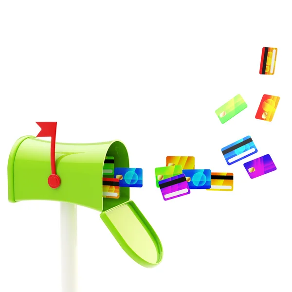 Caja de correo colorida con una bandada de tarjetas de crédito — Foto de Stock