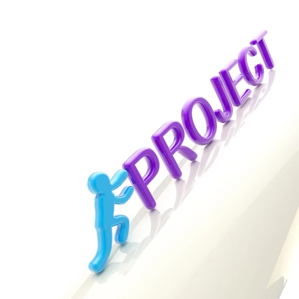 Mänsklig figur driver ordet "projekt" uppförsbacke — Stockfoto