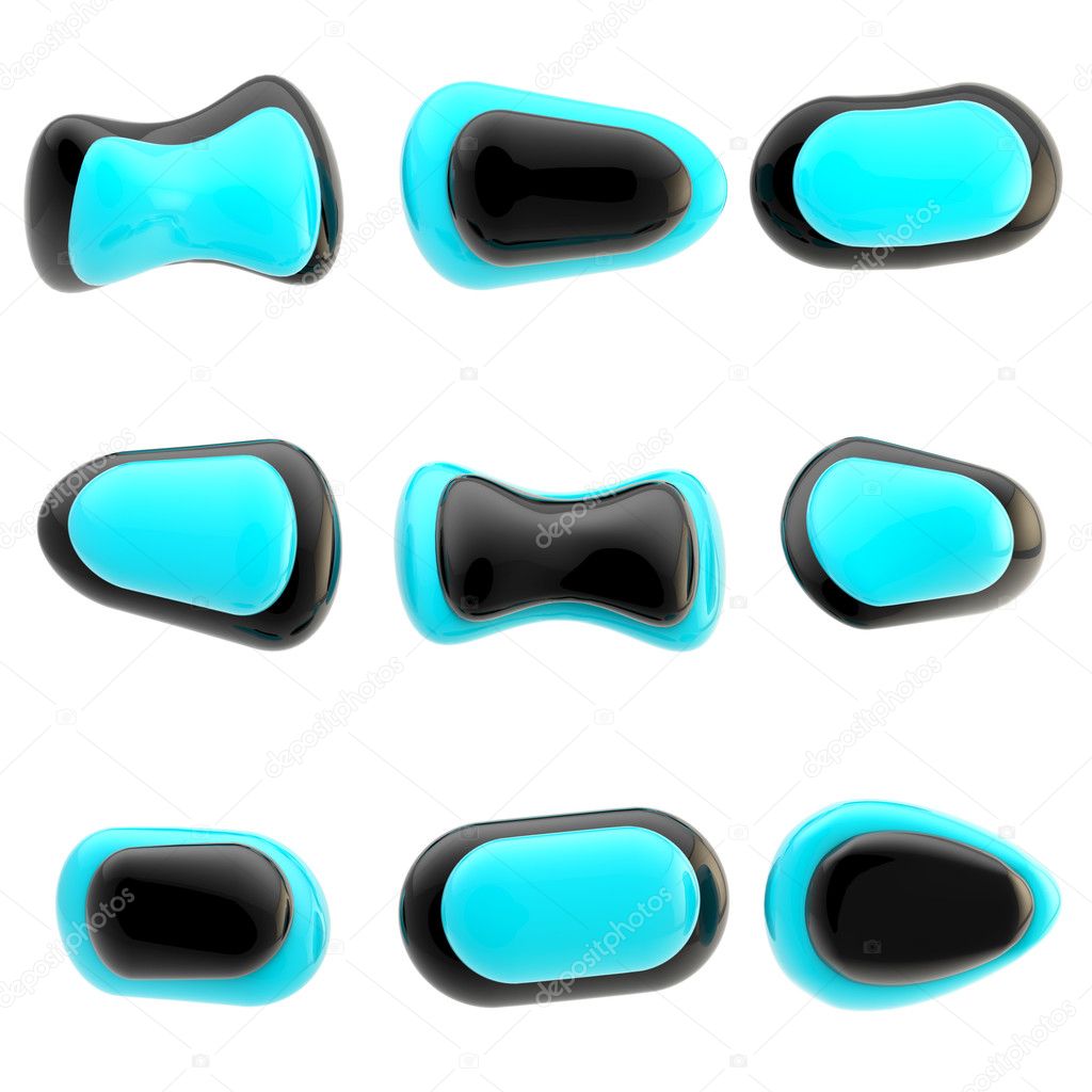 Nine glossy black and blue buttons isolated