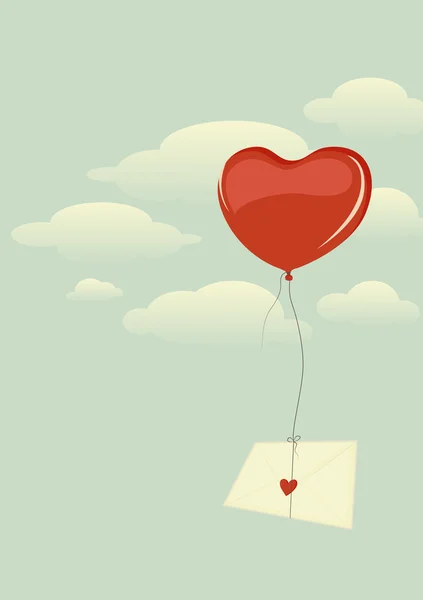 Carta de amor amarrada a um balão em forma de coração — Vetor de Stock
