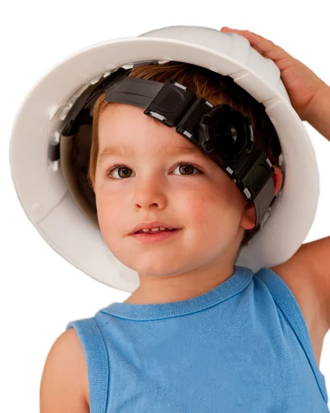 Portrait of young child wearing hard hat isolated on white — Stock Photo, Image