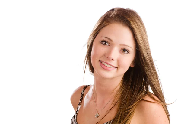 Retrato de una hermosa adolescente sonriendo aislada en blanco —  Fotos de Stock