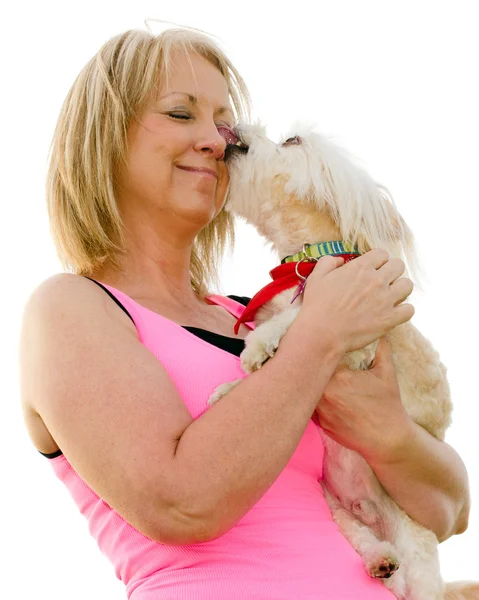 Frau mittleren Alters in ihren Vierzigern mit maltipoo Hund leckt ihr Gesicht isoliert auf weiß — Stockfoto