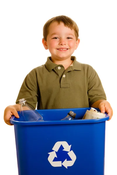 Concetto di riciclaggio con bambino che trasporta bidone di riciclaggio isolato su bianco — Foto Stock