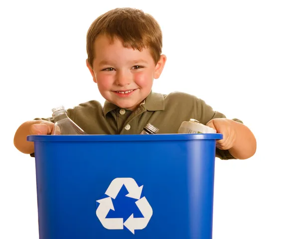 Recycling concept with young child carrying recycling bin isolated on white — Stock Photo, Image
