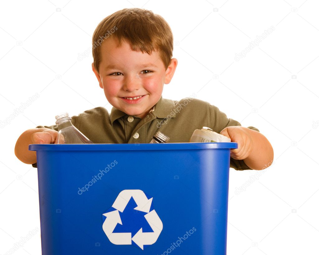 Recycling concept with young child carrying recycling bin isolated on white