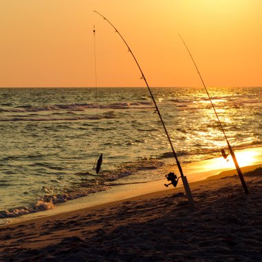 Fishing rods set up on beach shore at sunset clipart