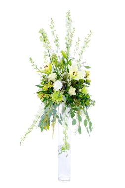 Large wedding flower arrangement with roses, lilly, mum, spider chrysanthemum and carnation isolated on white clipart