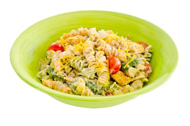 Cheesy bacon, lettuce and tomato pasta salad isolated on white clipart