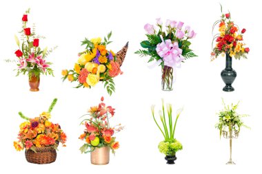 Collection of various colorful flower arrangements centerpieces as bouquets in vases and baskets clipart
