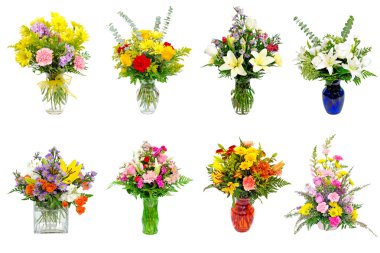çeşitli renkli çiçek düzenlemeleri centerpieces topluluğu olarak buketleri vazolar ve sepetleri