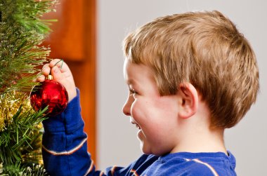 Portret van een jonge jongen in Kerstman hoed voor kerstboom.