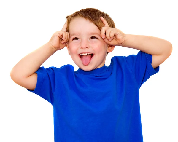 Criança fazendo expressão engraçada isolado no branco — Fotografia de Stock