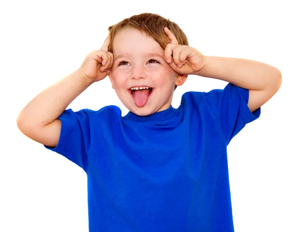 Kid making funny expression isolated on white — Stock Photo, Image