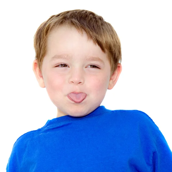 Kid making funny expression isolated on white — Stock Photo, Image
