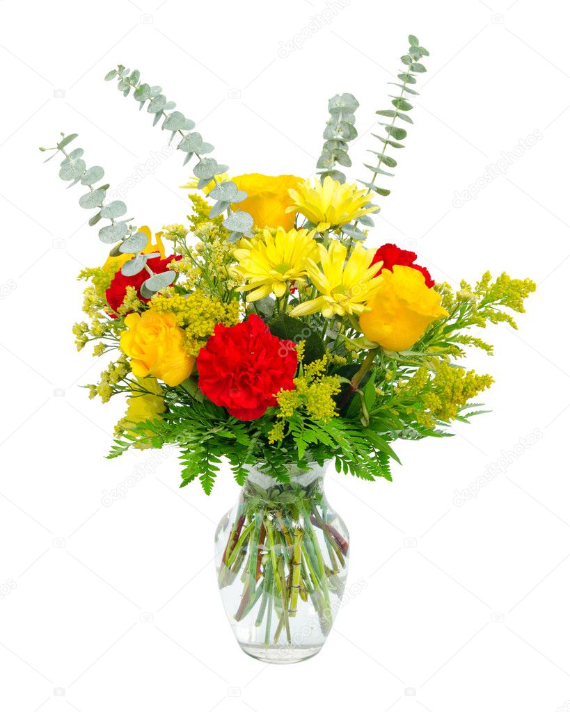 Colorful flower bouquet arrangement in vase isolated on white.