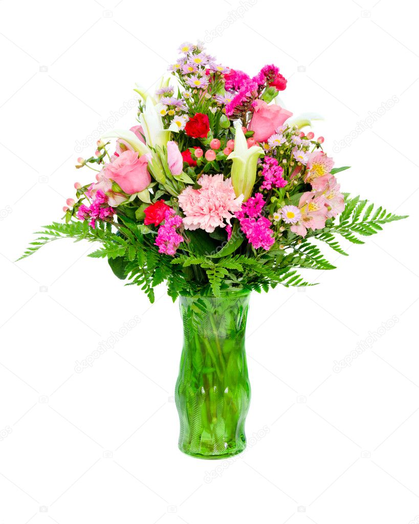Flower arrangement with lily and roses isolated on white