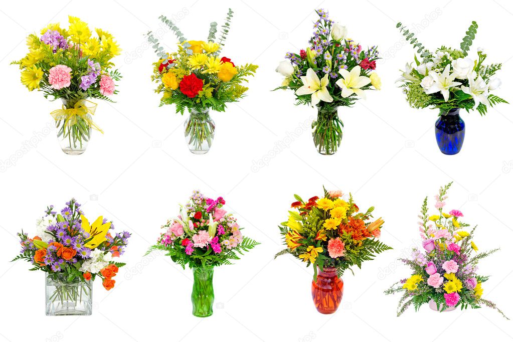 Collection of various colorful flower arrangements centerpieces as bouquets in vases and baskets