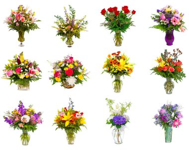 Collection of various colorful flower arrangements as bouquets in vases and baskets