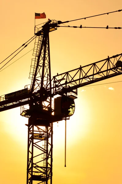 stock image Industrial construction crane over sun at sunset.