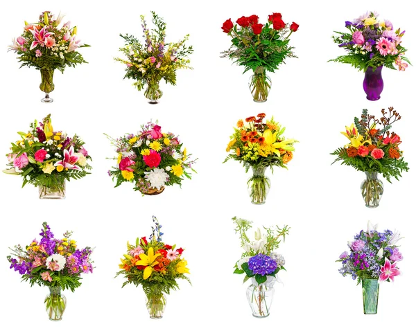 Coleção de vários arranjos de flores coloridas como buquês em vasos e cestas — Fotografia de Stock