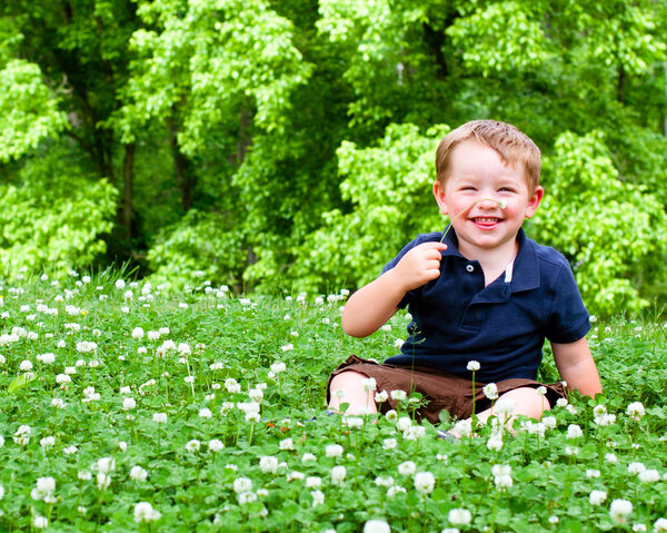 Spring or summer portrait of cute young boy playing with flower outdoors in clover field.