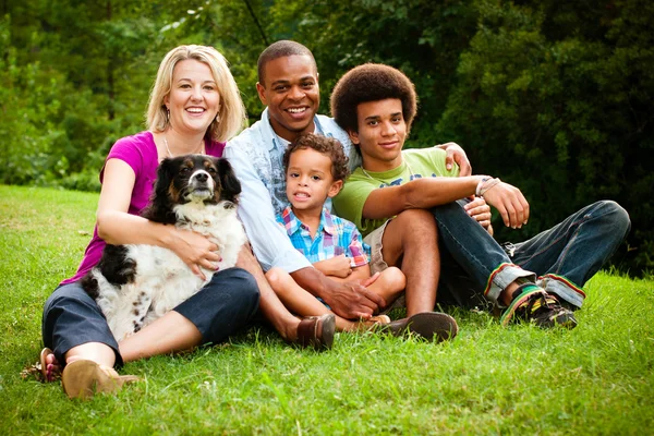 在公园的混的血家庭的肖像 免版税图库照片