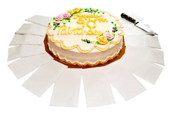Birthday cake for senior citizen, isolated on white. — Stock Photo, Image