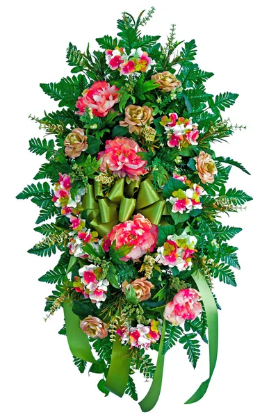 Colorful flower arrangement wreath for funerals isolated on white — Stock Photo, Image