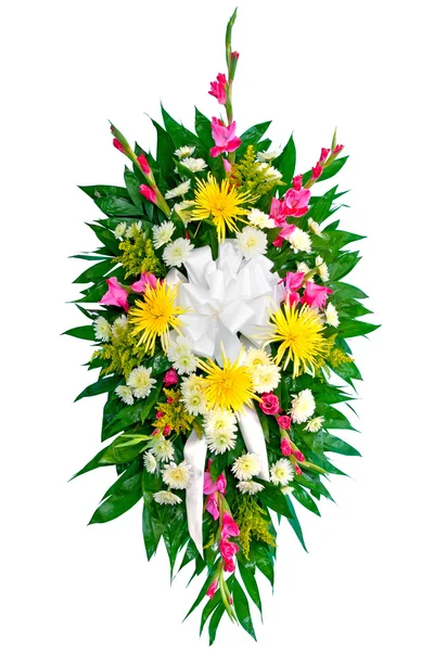 Colorful flower arrangement wreath for funerals isolated on white — Stock Photo, Image