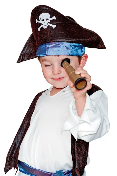 白で隔離されるハロウィーンの海賊衣装で子供 ストック写真
