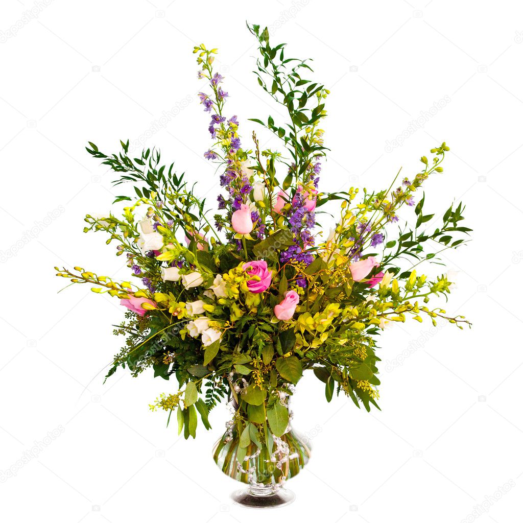 Colorful flower bouquet in vase isolated on white.