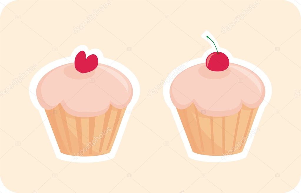 Sweet retro cupcakes silhouettes with red cherry and heart on top isolated on pink background. I love sweets! Wedding or birthday sweet muffins logo - vector illustration. Flat design