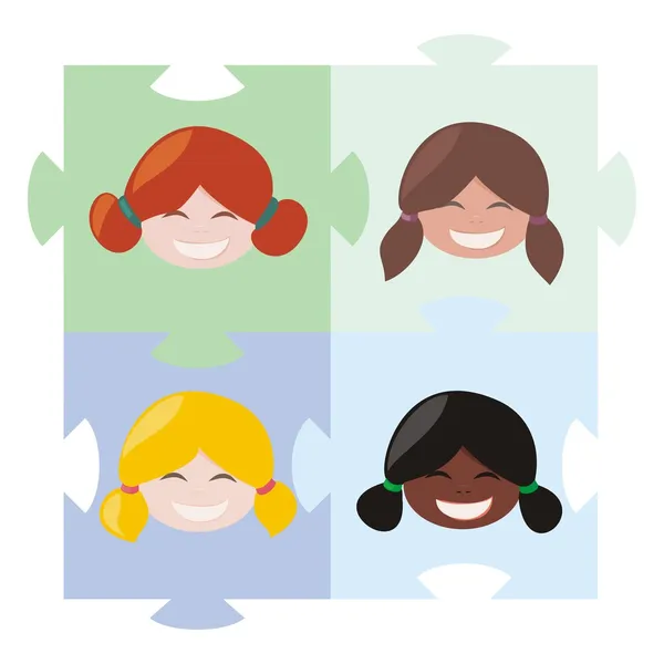 Quebra-cabeça de meninas multiculturais - símbolo de união de globalização de trabalho em equipe - ilustração vetorial isolada em fundo branco —  Vetores de Stock