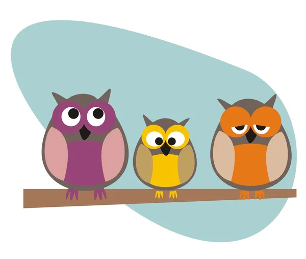 Funny vector owls family sitting on branch — Stock Vector