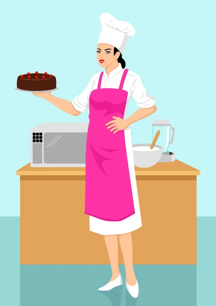 厨师与巧克力蛋糕 — 图库矢量图片
