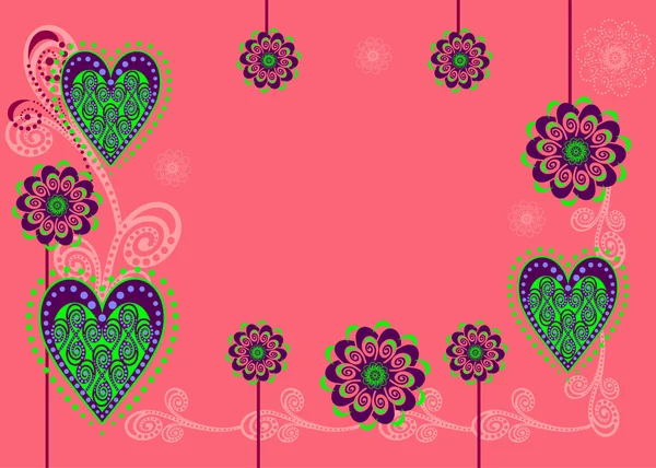 Une carte ou un fond avec des fleurs et des cœurs — Image vectorielle