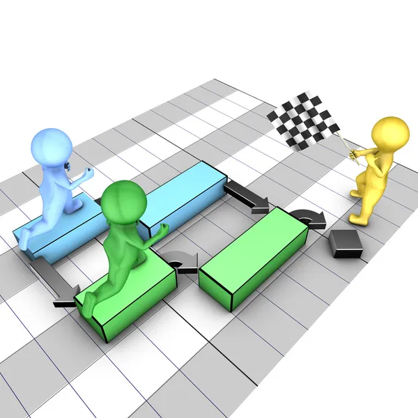 Concept of gantt chart. A team completes tasks. The flagman symbolizes the project deadline. — Stock Photo, Image