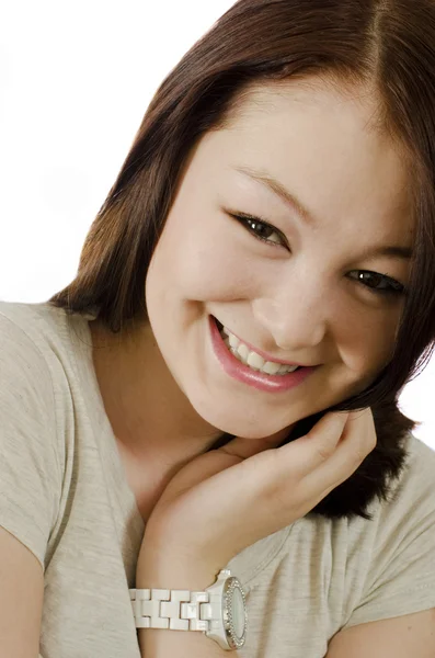 Smiling young woman with clocks — Stock Photo, Image