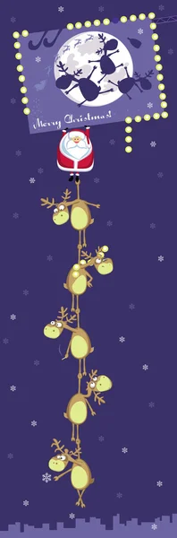 Père Noël avec des rennes suspendus sur le panneau d'affichage de Cristmas — Image vectorielle