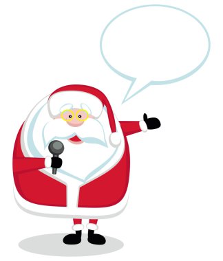 Cartoon Santa with microphone and speech bubble clipart