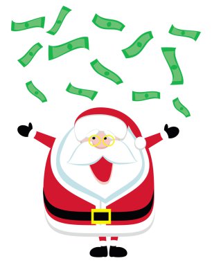 Cartoon Santa catching falling dollar bills clipart