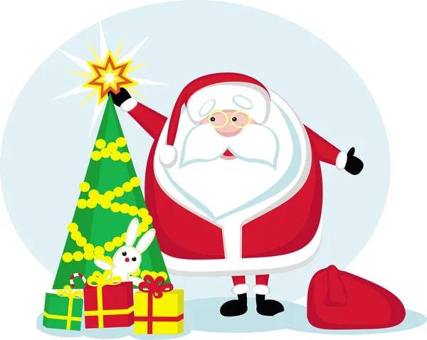 Santa met kerstboom en giften — Stockvector