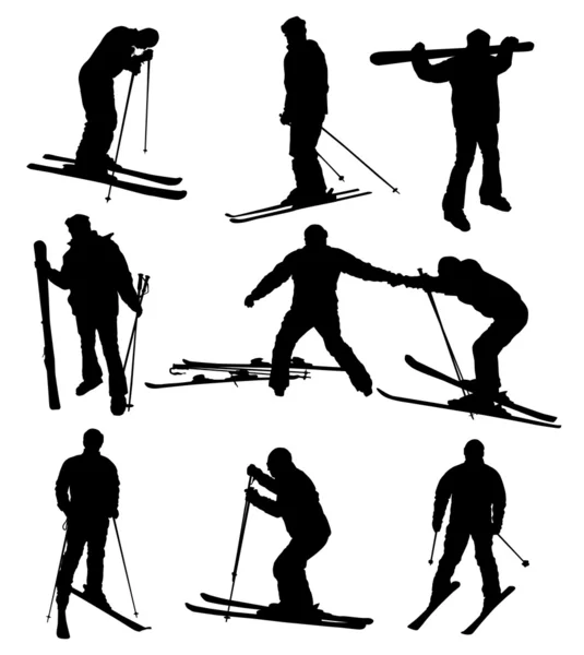 Conjunto de silhuetas de esqui — Vetor de Stock