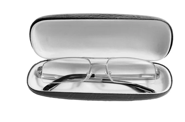 Óculos na caixa dura isolados em fundo branco — Fotografia de Stock