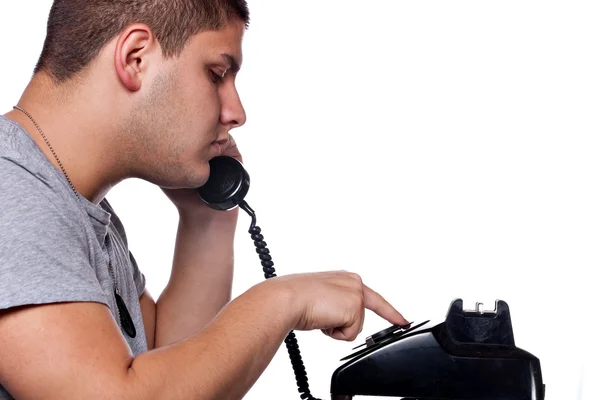 Άνθρωπος κλήσης παλιά περιστροφικό τηλέφωνο — Φωτογραφία Αρχείου