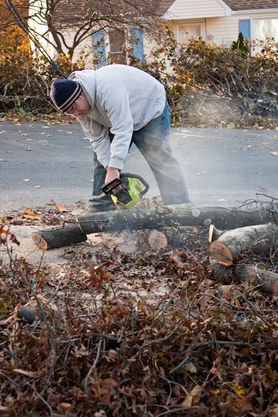 Hombre corta ramas de árbol con una motosierra — Foto de Stock
